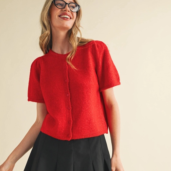 NWT Red Puff Sleeve  Cardigan Sweater - Picture 4 of 8